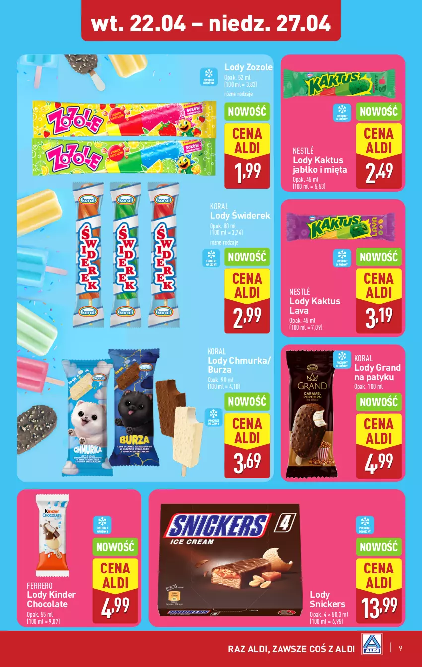 Gazetka promocyjna Aldi - Pełna oferta - ważna 22.04 do 27.04.2025 - strona 9 - produkty: Ferrero, Gra, Kaktus, Kinder, Lody, Mięta, Nestlé, Snickers