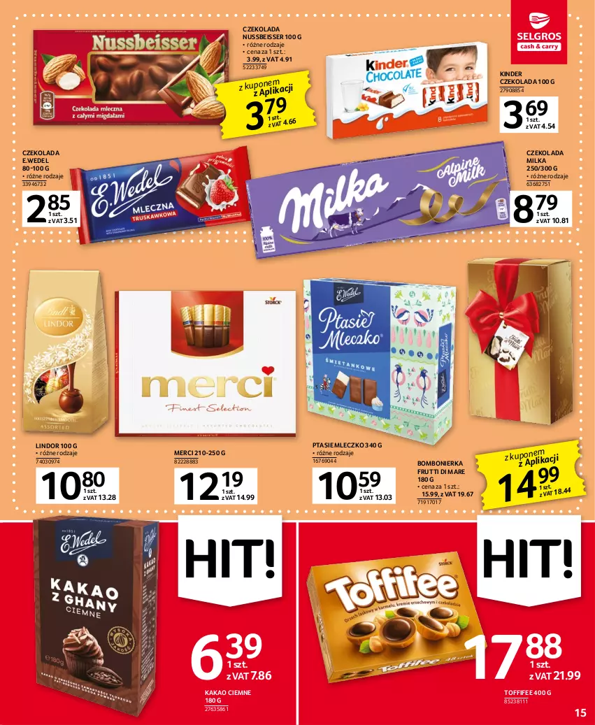 Gazetka promocyjna Selgros - Oferta spożywcza - ważna 11.04 do 19.04.2023 - strona 15 - produkty: Czekolada, Kakao, Kinder, Lindor, Merci, Milka, Mleczko, Ptasie mleczko, Ser, Toffifee