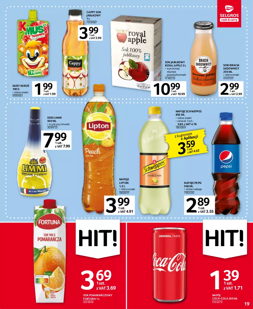 Gazetka promocyjna Selgros - Oferta spożywcza - ważna 11.04 do 19.04.2023 - strona 19 - produkty: Cappy, Coca-Cola, Cytryny, Fortuna, Kubuś, Lipton, Mus, Napój, Napoje, Pepsi, Schweppes, Sok, Sok jabłkowy, Sok pomarańczowy