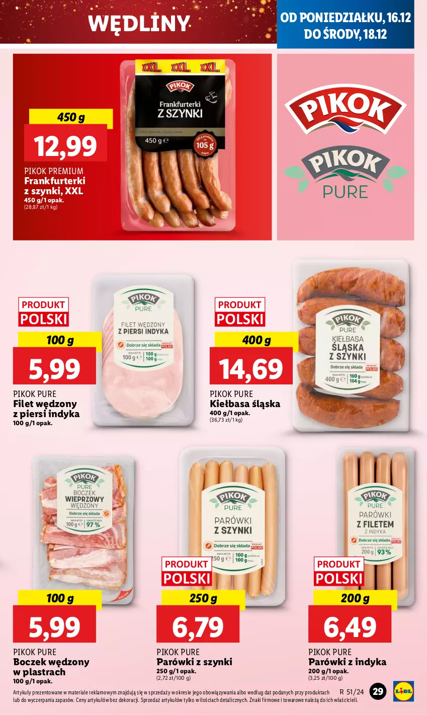 Gazetka promocyjna Lidl - GAZETKA - ważna 16.12 do 18.12.2024 - strona 33 - produkty: Boczek, Frankfurterki, Kiełbasa, Kiełbasa śląska, Parówki, Parówki z indyka, Parówki z szynki, PIKOK, Pur