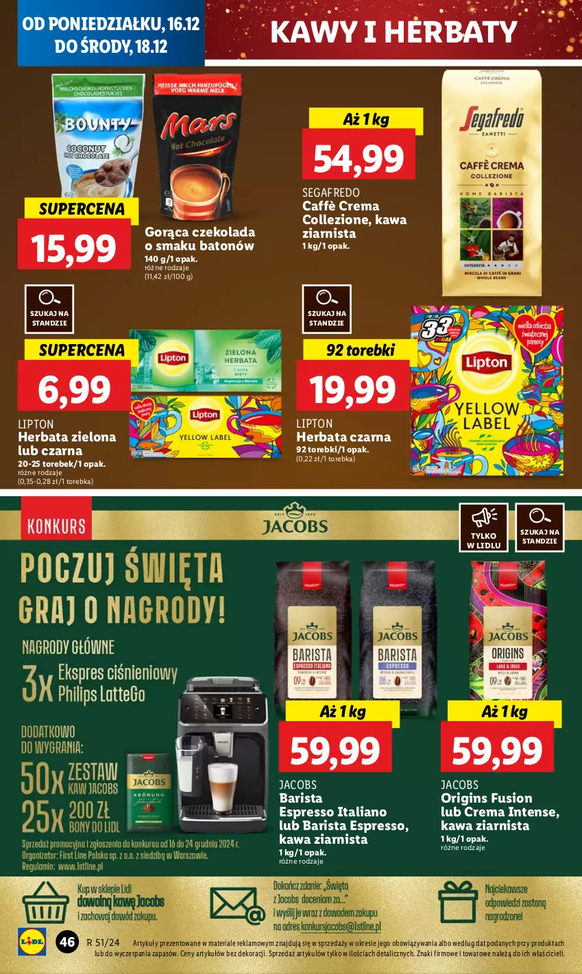 Gazetka promocyjna Lidl - GAZETKA - ważna 16.12 do 18.12.2024 - strona 54 - produkty: Baton, Czekolada, Fusion, Gin, Herbata, Herbata czarna, Jacobs, Kawa, Kawa ziarnista, Lipton, Segafredo, Torebka