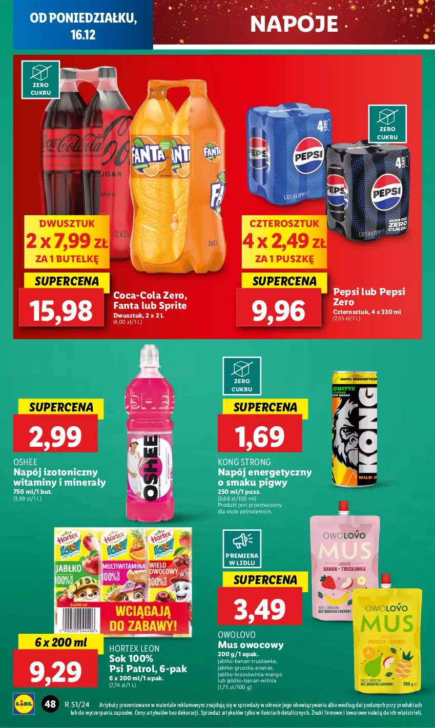 Gazetka promocyjna Lidl - GAZETKA - ważna 16.12 do 18.12.2024 - strona 56 - produkty: Ananas, Coca-Cola, Fa, Fanta, Hortex, Leon, Mango, Mus, Napój, Napój energetyczny, Napój izotoniczny, Napoje, Oshee, Pepsi, Psi Patrol, Sok, Sprite