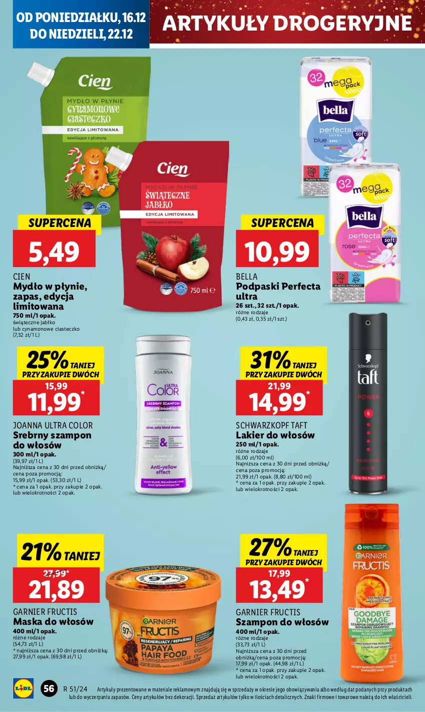 Gazetka promocyjna Lidl - GAZETKA - ważna 16.12 do 18.12.2024 - strona 66 - produkty: Bell, Bella, Fructis, Garnier, Joanna, Lakier, Lakier do włosów, Maska, Maska do włosów, Mydło, Mydło w płynie, Perfecta, Podpaski, Schwarzkopf, Szampon, Taft