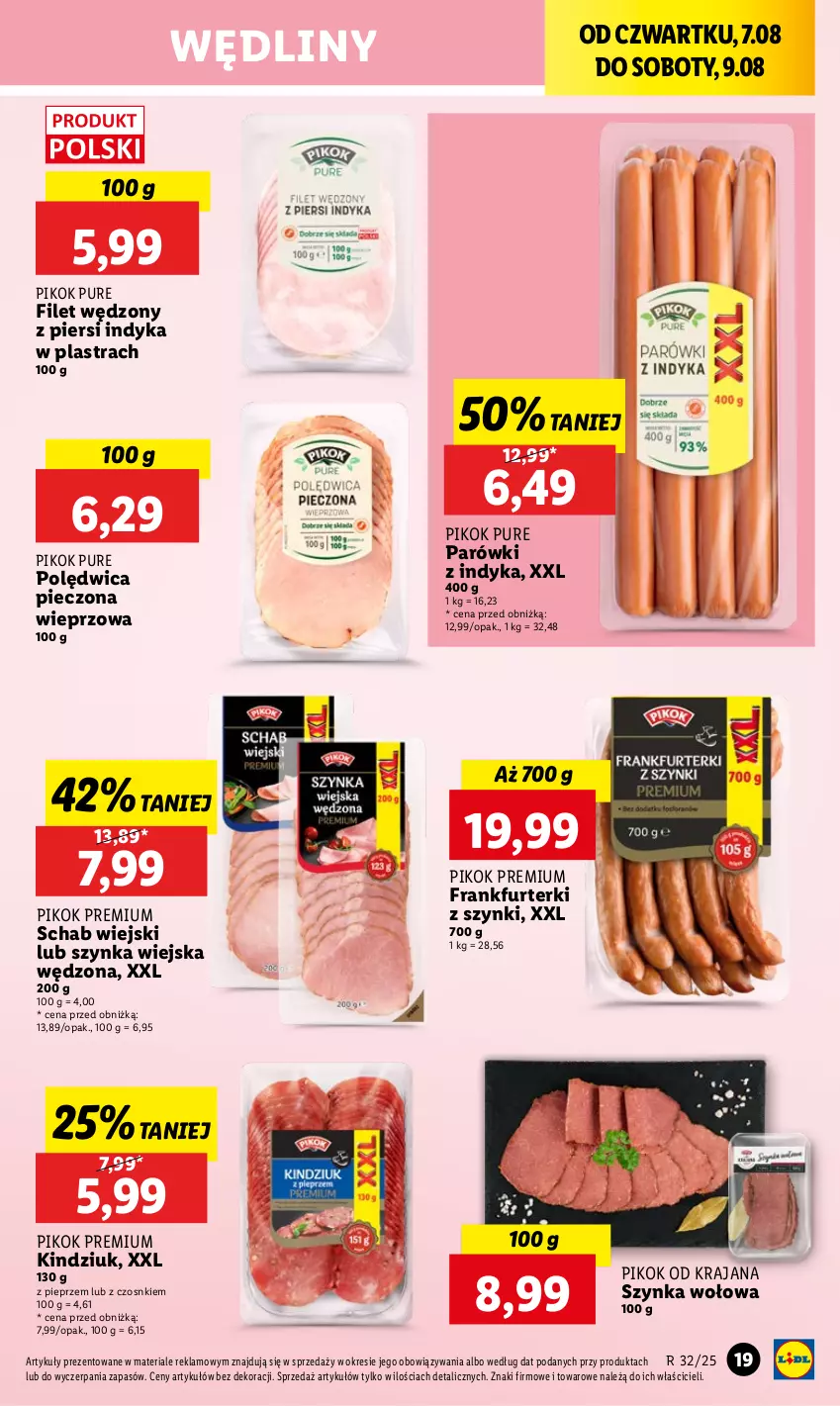 Gazetka promocyjna Lidl - GAZETKA - ważna 07.08 do 09.08.2025 - strona 23 - produkty: Frankfurterki, Kindziuk, Parówki, Parówki z indyka, Piec, Pieprz, PIKOK, Polędwica, Pur, Szynka