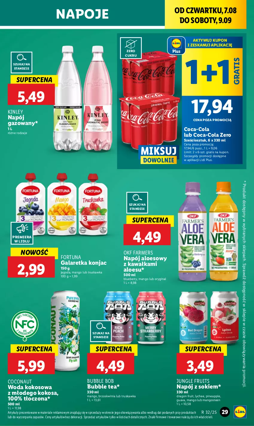Gazetka promocyjna Lidl - GAZETKA - ważna 07.08 do 09.08.2025 - strona 35 - produkty: Coca-Cola, Fa, Fortuna, Gala, Galaretka, Gin, Gra, Kawa, Kokos, Mango, Napój, Napój gazowany, Napoje, Sok, Woda