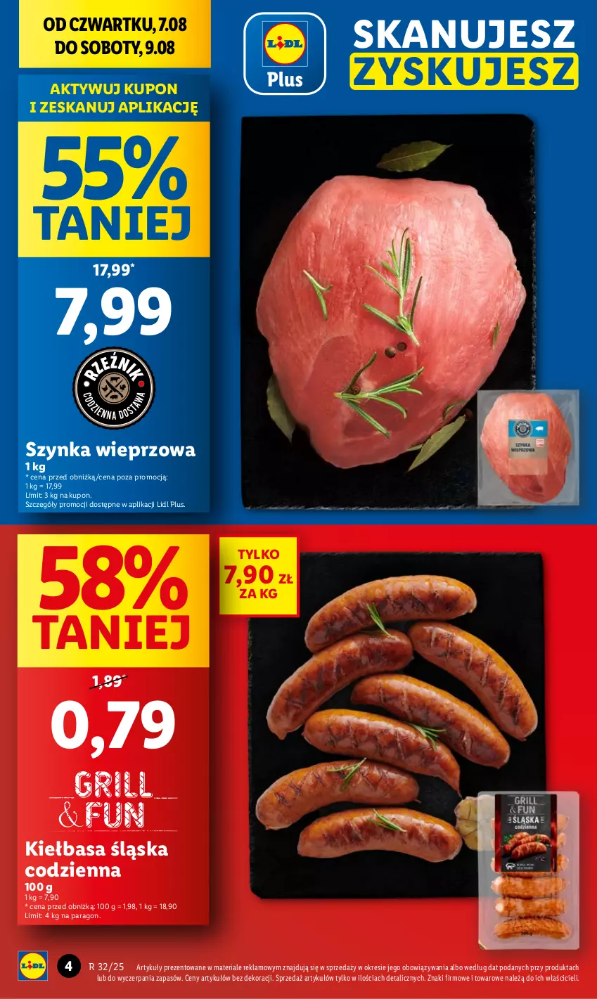 Gazetka promocyjna Lidl - GAZETKA - ważna 07.08 do 09.08.2025 - strona 4 - produkty: Kiełbasa, Kiełbasa śląska, Szynka, Szynka wieprzowa