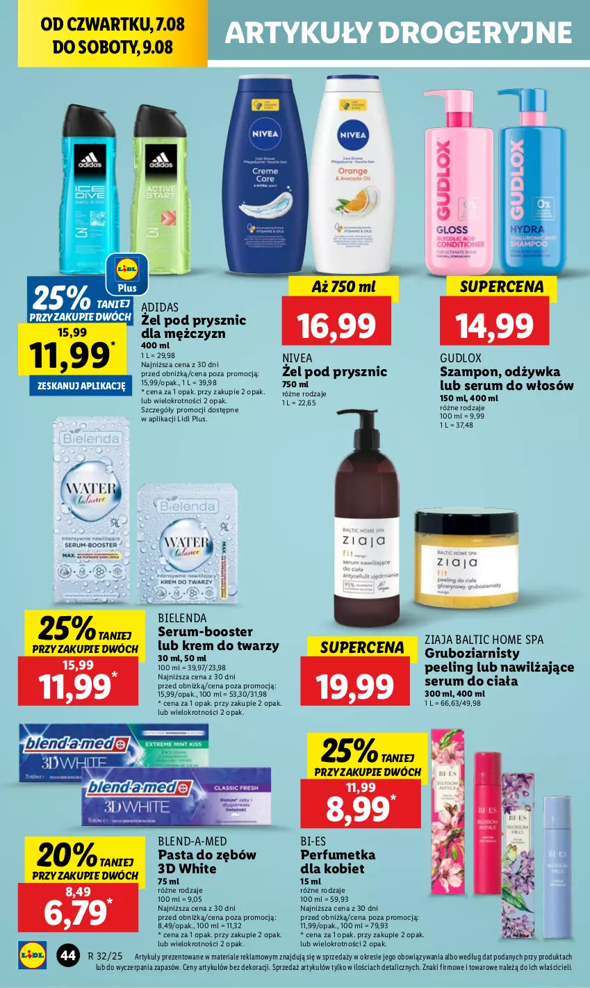 Gazetka promocyjna Lidl - GAZETKA - ważna 07.08 do 09.08.2025 - strona 54 - produkty: Adidas, Bielenda, Blend-a-Med, Booster, Krem do twarzy, Nivea, Odżywka, Pasta do zębów, Peeling, Perfum, Rum, Ser, Serum, Serum do włosów, Szampon, Ziaja