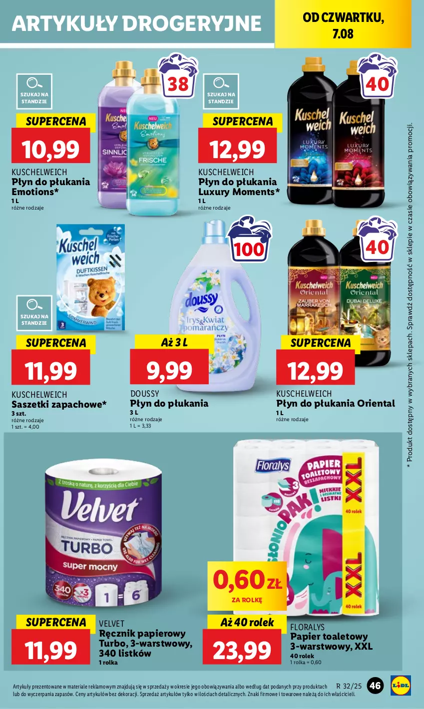 Gazetka promocyjna Lidl - GAZETKA - ważna 07.08 do 09.08.2025 - strona 55 - produkty: Flora, Moments, Papier, Papier toaletowy, Płyn do płukania, Ręcznik, Velvet