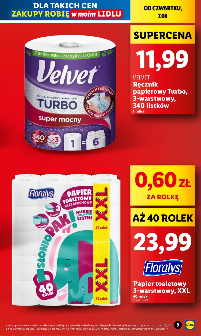 Gazetka promocyjna Lidl - GAZETKA - ważna 07.08 do 09.08.2025 - strona 9 - produkty: Papier, Papier toaletowy, Ręcznik, Velvet