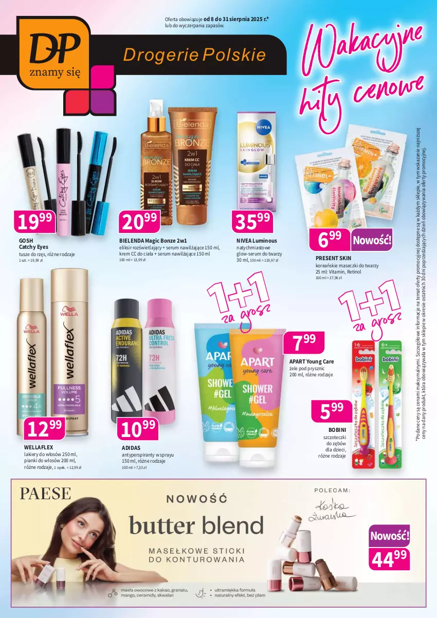 Gazetka promocyjna Drogerie Polskie - Gazetka - ważna 08.08 do 31.08.2025 - strona 1 - produkty: Adidas, Antyperspirant, Bielenda, Dzieci, Gosh, Lakier, Nivea, Rum, Ser, Serum, Serum do twarzy, Tusz, Wella, Wellaflex