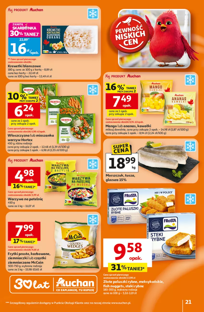Gazetka promocyjna Auchan - 30 Lat Hipermarket - ważna 26.02 do 04.03.2026 - strona 21 - produkty: Ananas, Bazyl, Frytki, Glazura, Hortex, Kawa, Krewetki, Lazur, Mango, McCain, Mieszanka warzyw, Tusz, Warzywa