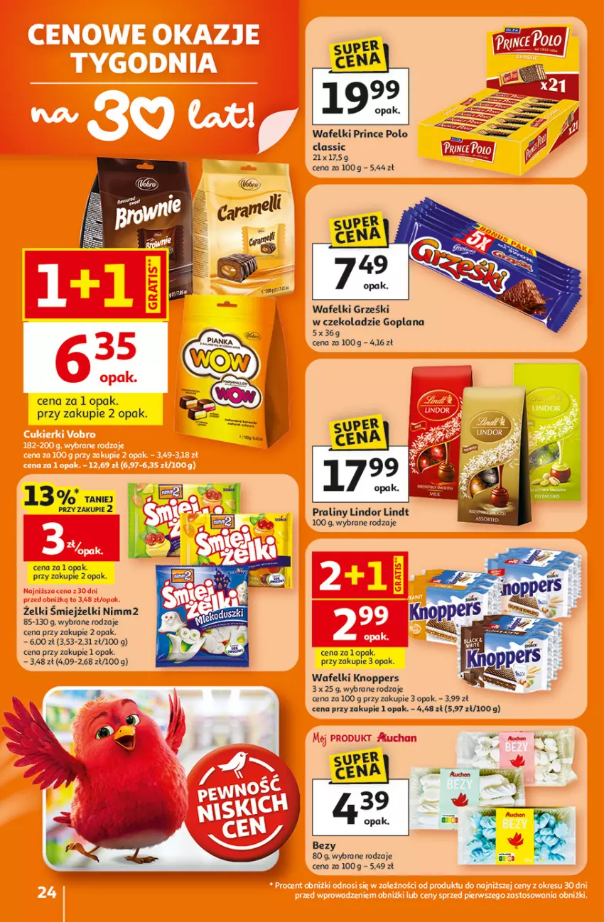 Gazetka promocyjna Auchan - 30 Lat Hipermarket - ważna 26.02 do 04.03.2026 - strona 24 - produkty: Bezy, Goplana, Grześki, Knoppers, LANA, Lindor, Lindt, Nimm2, Praliny, Prince Polo