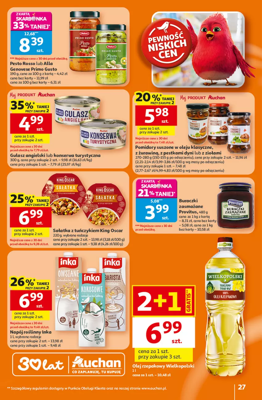 Gazetka promocyjna Auchan - 30 Lat Hipermarket - ważna 26.02 do 04.03.2026 - strona 27 - produkty: Buraczki, Inka, Konserwa turystyczna, Napój, Napój roślinny, Olej, Pesto, Pomidory, Sałat, Sałatka, Ser