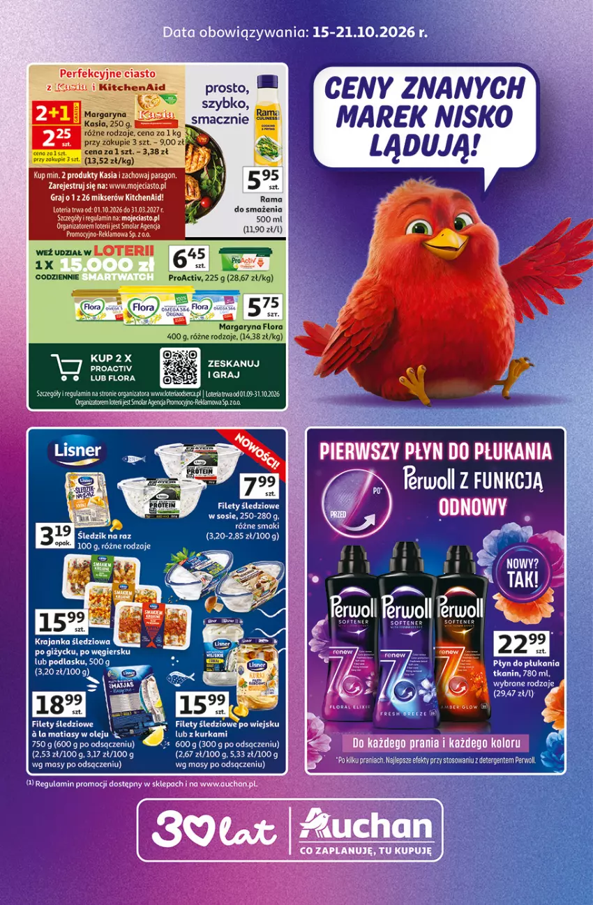 Gazetka promocyjna Auchan - 30 Lat Hipermarket Auchan Znane marki - ważna 15.10 do 21.10.2026 - strona 1 - produkty: Flora, Gra, Kasia, Krajanka śledziowa, LG, Margaryna, Mikser, Olej, Perwoll, Płyn do płukania, Ser, Sos