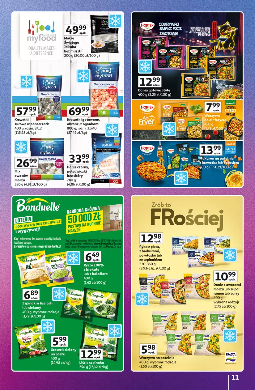 Gazetka promocyjna Auchan - 30 Lat Hipermarket Auchan Znane marki - ważna 15.10 do 21.10.2026 - strona 11 - produkty: Bonduelle, Dania gotowe, Dorsz, Gra, Groszek, Krewetki, Mus, Owoce, Owoce morza, Piec, Ryba, Ryż, Szpinak, Wagi, Warzywa, Zupa