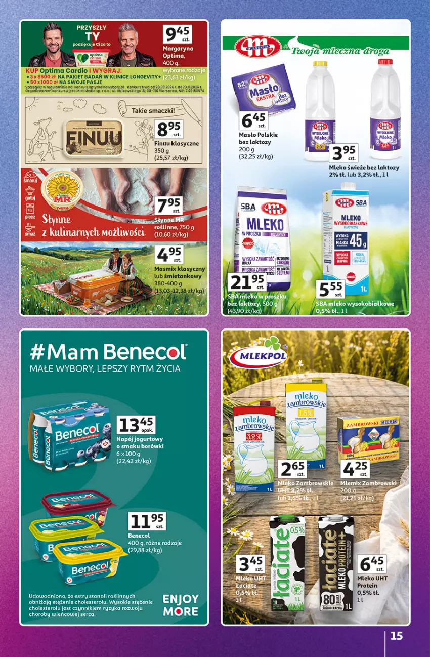 Gazetka promocyjna Auchan - 30 Lat Hipermarket Auchan Znane marki - ważna 15.10 do 21.10.2026 - strona 15 - produkty: Benecol, Finuu, Gin, Jogurt, Masło, Miecz, Mleko, Mleko w proszku, Napój, Napój jogurtowy, Optima, Optima Cardio, Ser, Sok