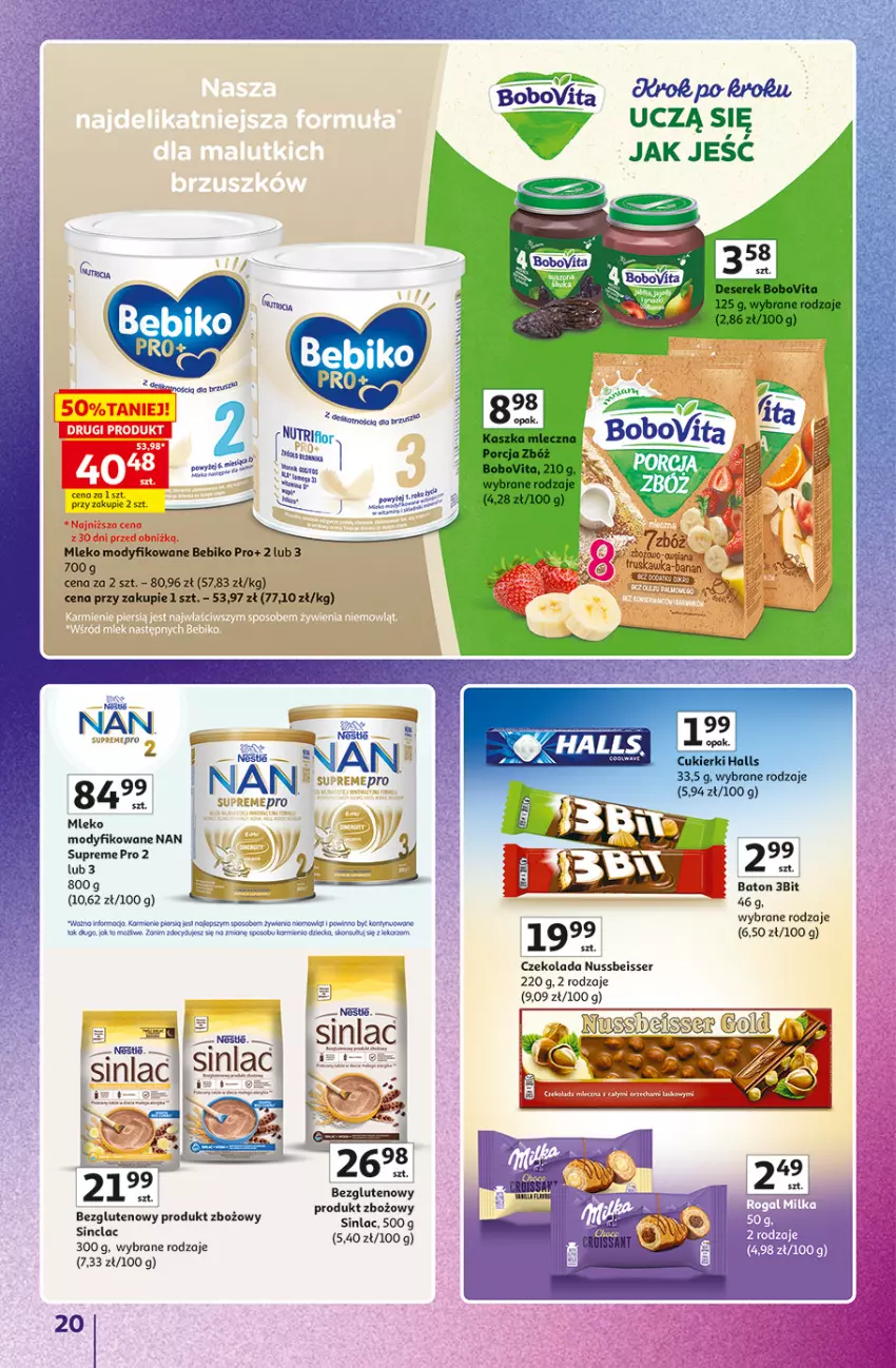 Gazetka promocyjna Auchan - 30 Lat Hipermarket Auchan Znane marki - ważna 15.10 do 21.10.2026 - strona 20 - produkty: Baton, Bebiko, BoboVita, Cukier, Cukierki, Czekolada, Deser, Halls, Karmi, Mleko, Mleko modyfikowane, Por, Ser, Serek