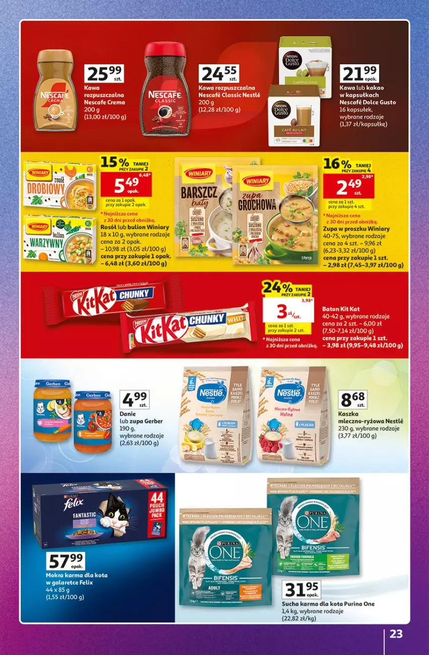 Gazetka promocyjna Auchan - 30 Lat Hipermarket Auchan Znane marki - ważna 15.10 do 21.10.2026 - strona 23 - produkty: Bulion, Dolce Gusto, Fa, Fanta, Felix, Gala, Gerber, Kakao, Kawa, Lion, Mokra karma, Pur, Purina, Rosół, Ryż, Sucha karma, Winiary, Zupa