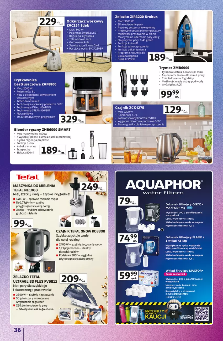 Gazetka promocyjna Auchan - 30 Lat Hipermarket Auchan Znane marki - ważna 15.10 do 21.10.2026 - strona 36 - produkty: Akumulator, Aquaphor, Blender, Blender ręczny, Czajnik, Dzbanek, Dzbanek filtrujący, Fa, Gra, Grzałka, Kontroler, Kosz, Krokus, Kubek, Magnez, Por, Sok, Tefal, Trzepaczka, Tytan, Wkład filtrujący