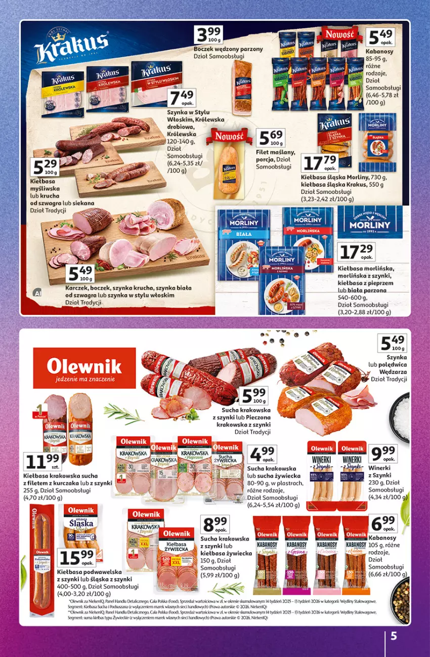 Gazetka promocyjna Auchan - 30 Lat Hipermarket Auchan Znane marki - ważna 15.10 do 21.10.2026 - strona 5 - produkty: Boczek, Gra, Kabanos, Kiełbasa, Kiełbasa krakowska, Kiełbasa śląska, Kosz, Krakus, Kurczak, Morliny, Olewnik, Piec, Pieprz, Polędwica, Por, Szynka, Wawel