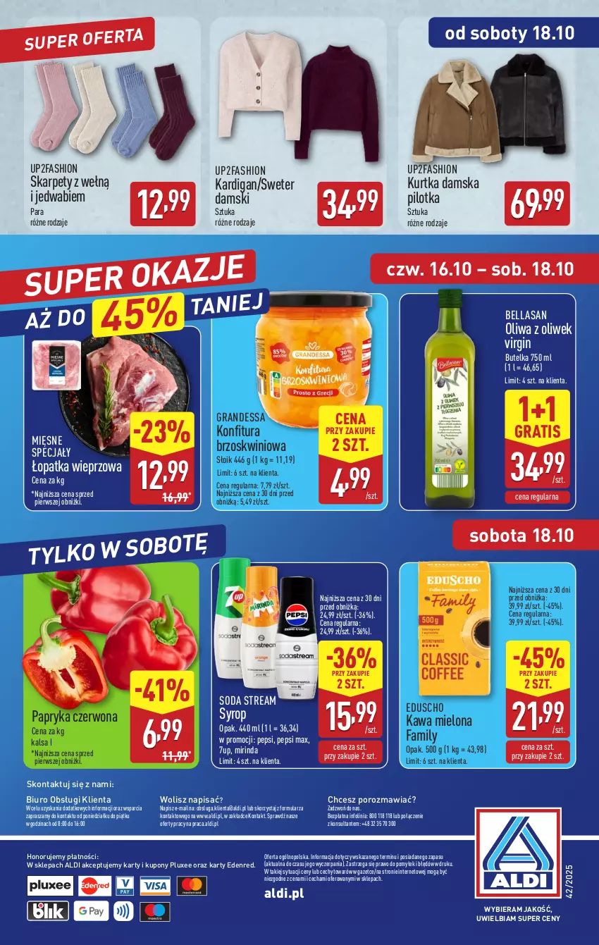 Gazetka promocyjna Aldi - Oferta weekendowa - ważna 16.10 do 18.10.2025 - strona 12 - produkty: 7up, Bell, Bella, Biuro, Fa, Gin, Gra, Kardigan, Karp, Kawa, Kawa mielona, Konfitura, Kurtka, Mięsne specjały, Mirinda, O nas, Oliwa, Oliwa z oliwek, Papryka, Papryka czerwona, Pepsi, Pepsi max, Por, Sweter, Syrop
