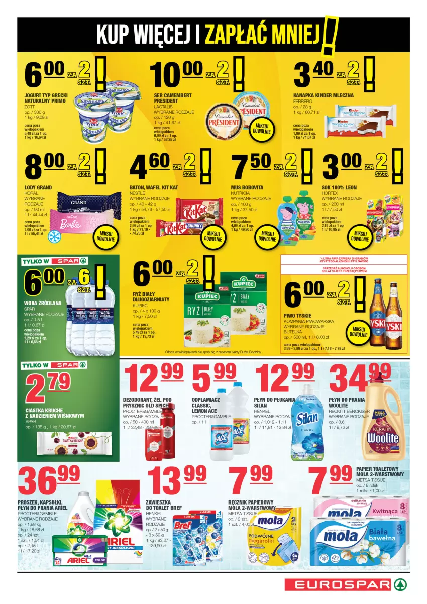 Gazetka promocyjna Spar - EuroSpar - ważna 19.05 do 29.05.2024 - strona 7 - produkty: Ariel, Baton, BoboVita, Bref, Camembert, Ciastka, Dezodorant, Ferrero, Gra, Hortex, Jogurt, Kinder, Kit Kat, Koc, Kupiec, LANA, Leon, Lody, Mecze, Mola, Mus, Odplamiacz, Old Spice, Papier, Papier toaletowy, Piec, Piwa, Piwo, Płyn do prania, Ręcznik, Rolki, Ryż, Ryż biały, Ser, Silan, Sok, Tera, Tyskie, Wełna, Woolite, Zott