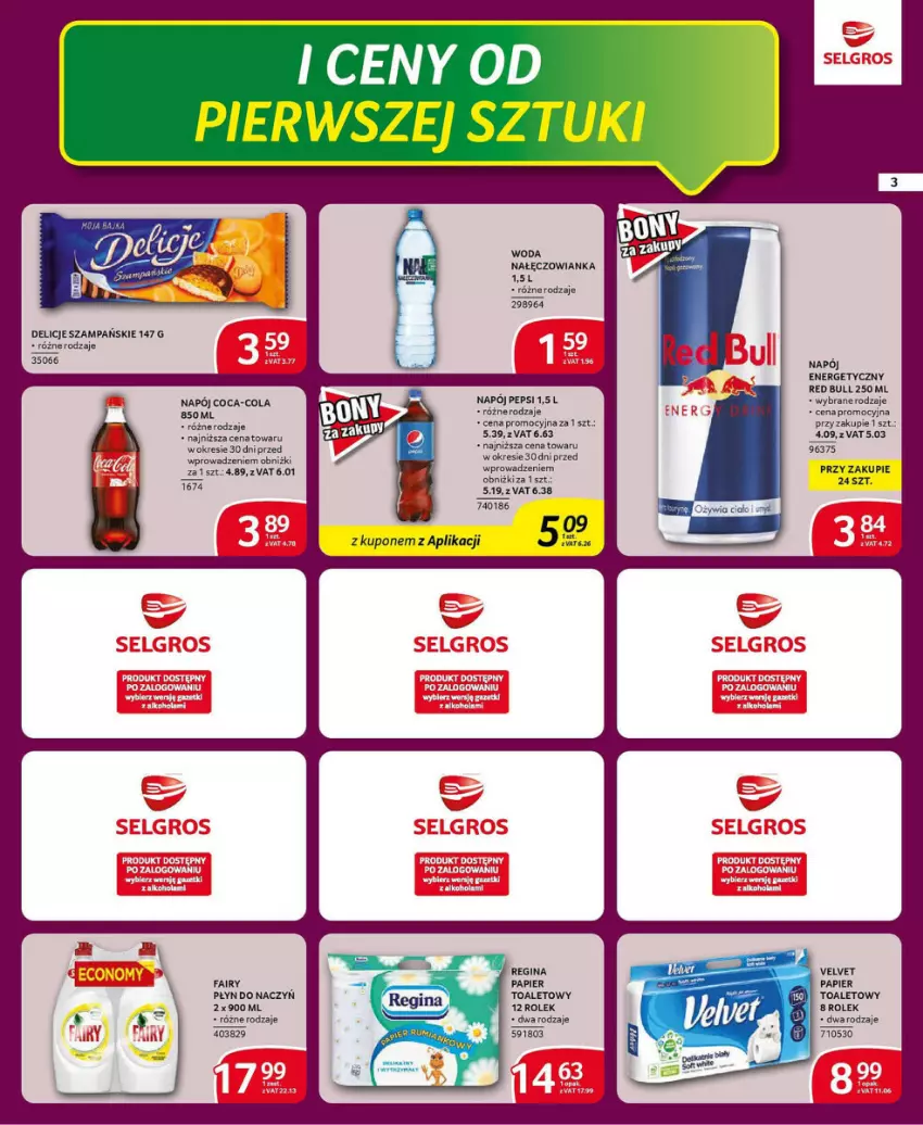 Gazetka promocyjna Selgros - ważna 21.11 do 04.12.2024 - strona 23 - produkty: Coca-Cola, Delicje, Fa, Fairy, Gin, LG, Nałęczowianka, Napój, Napój energetyczny, Papier, Papier toaletowy, Pepsi, Red Bull, Velvet, Woda