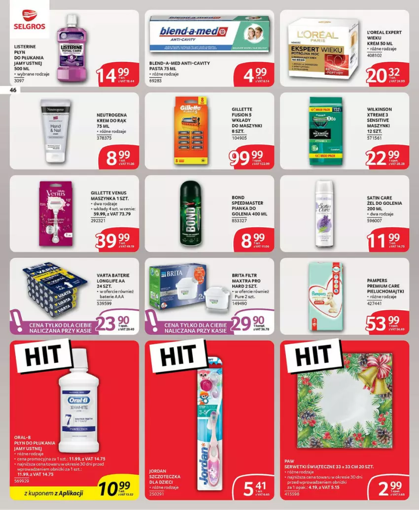 Gazetka promocyjna Selgros - ważna 21.11 do 04.12.2024 - strona 41 - produkty: Blend-a-Med, Brit, Brita, Fusion, Gillette, Gillette Venus, Listerine, Majtki, Maszynka, Neutrogena, Pampers, Pianka do golenia, Pieluchomajtki, Płyn do płukania, Płyn do płukania jamy ustnej, Pur, Sati, Szynka, Varta, Venus