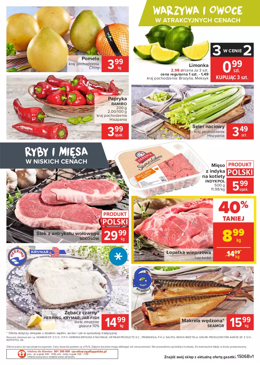 Gazetka promocyjna Carrefour - Gazetka Market - ważna 08.02 do 15.02.2021 - strona 2 - produkty: Glazura, Kotlet, Lazur, Limonka, Mięso, Mięso z indyka, Owoce, Papryka, Pomelo, Prima, Seler naciowy, Ser, Sok, Sokołów, Stek, Warzywa, Warzywa i owoce