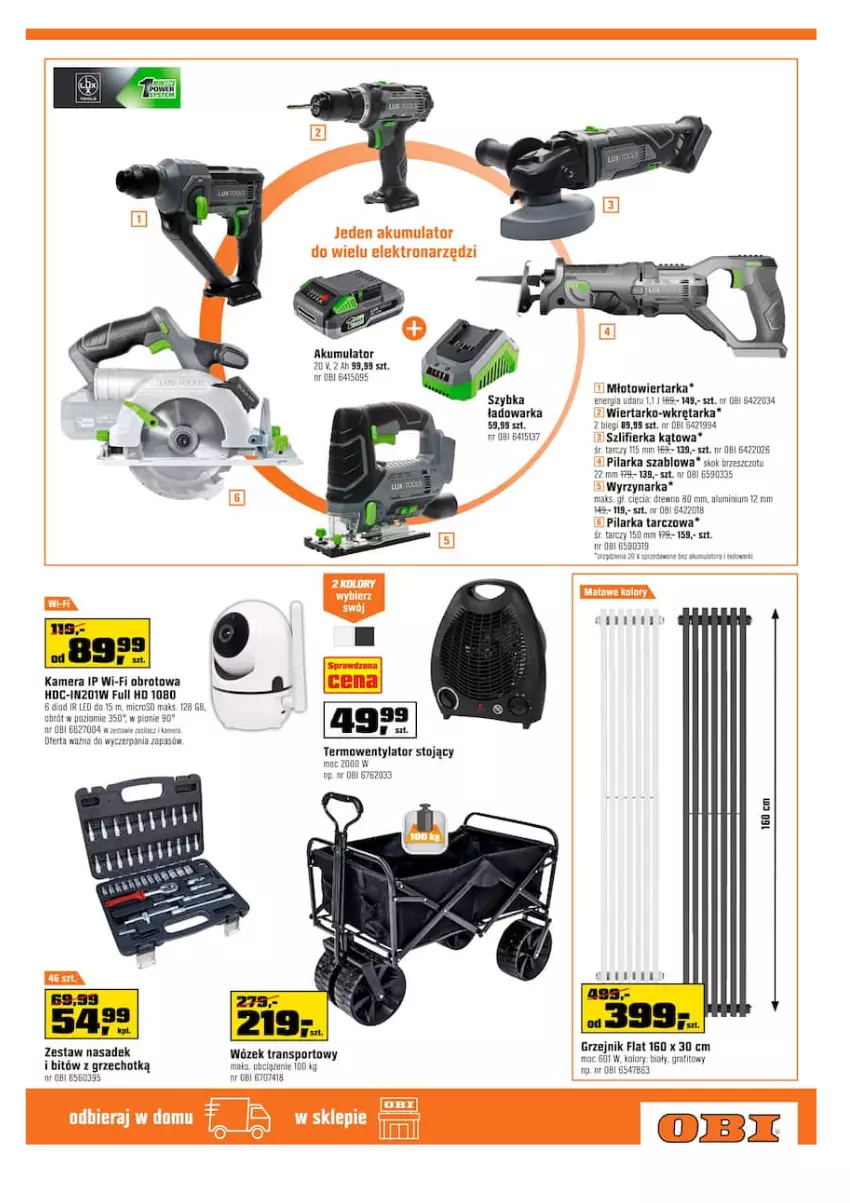 Gazetka promocyjna Obi - Gazetka OBI - ważna 29.09 do 12.10.2021 - strona 19 - produkty: Akumulator, Bitów z grzechotką, Fa, Gra, Grzejnik, Kamera, Młot, Młotowiertarka, Pilarka tarczowa, Por, Sport, Szlifierka, Szlifierka kątowa, Tarka, Termowentylator, Tran, Warka, Wiertarka, Wkręt, Wkrętarka, Wózek, Wózek transportowy, Wyrzynarka