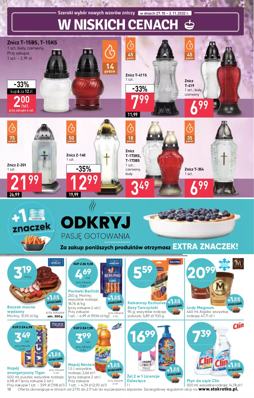 Gazetka promocyjna Stokrotka - Market - ważna 27.10 do 02.11.2022 - strona 10 - produkty: Algida, Berlinki, Boczek, Clin, Dzieci, Kabanos, LG, Lody, Morliny, Napój, Napój energetyczny, Nestea, Parówki, Płyn do szyb, Tarczyński, Tiger, Znicz