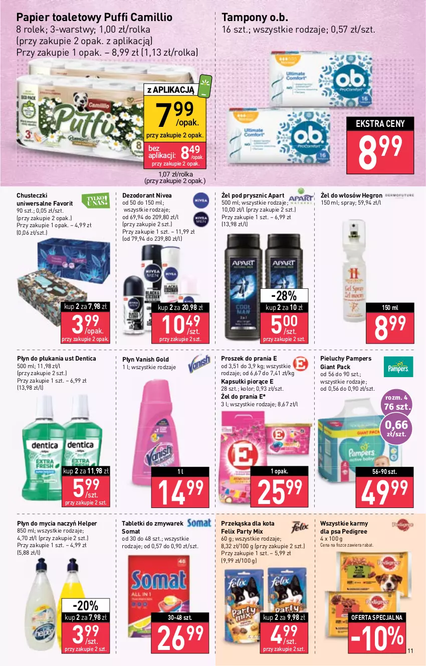 Gazetka promocyjna Stokrotka - Market - ważna 27.10 do 02.11.2022 - strona 11 - produkty: Chusteczki, Dezodorant, Do mycia naczyń, Fa, Felix, Hegron, Nivea, O.B., Pampers, Papier, Papier toaletowy, Pedigree, Pieluchy, Płyn do mycia, Płyn do mycia naczyń, Płyn do płukania, Proszek do prania, Puf, Somat, Tablet, Tampony, Vanish, Vanish Gold