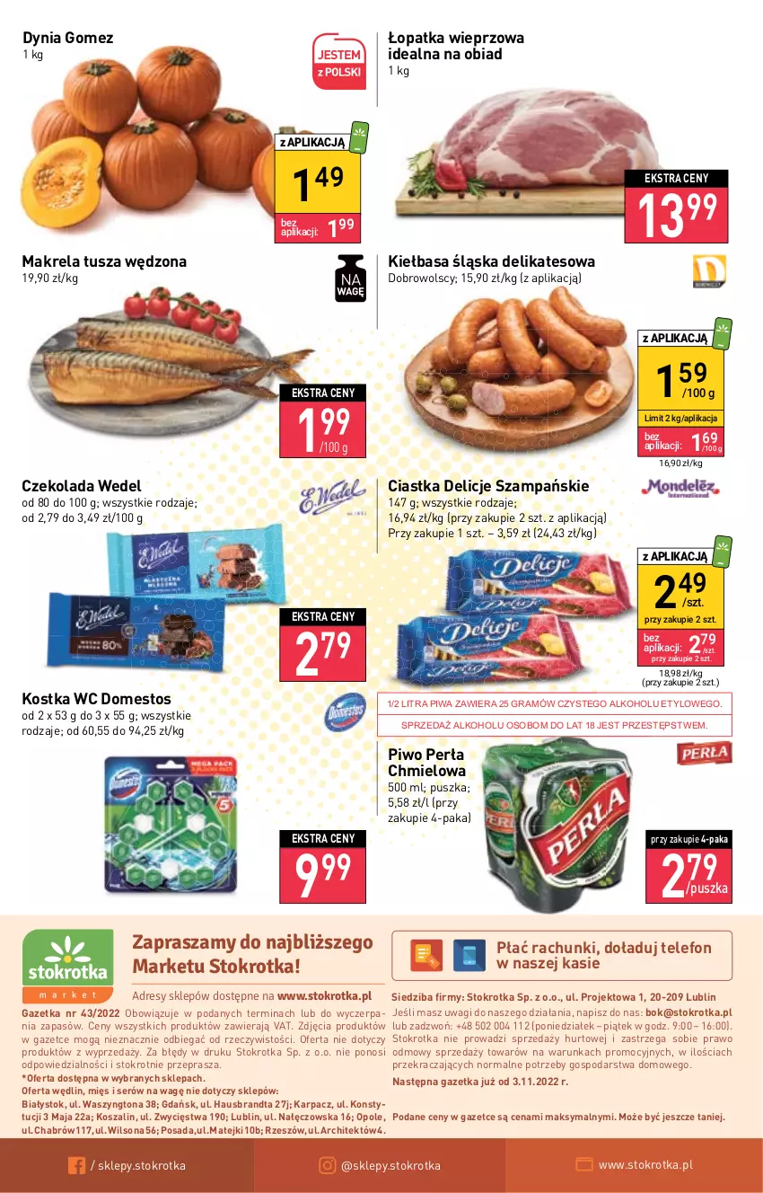 Gazetka promocyjna Stokrotka - Market - ważna 27.10 do 02.11.2022 - strona 12 - produkty: Ciastka, Czekolada, Delicje, Domestos, Dres, Gra, JBL, Karp, Kiełbasa, Kiełbasa śląska, Kosz, O nas, Perła, Piwa, Piwo, Ser, Szal, Telefon, Tusz, Wagi, Wilson