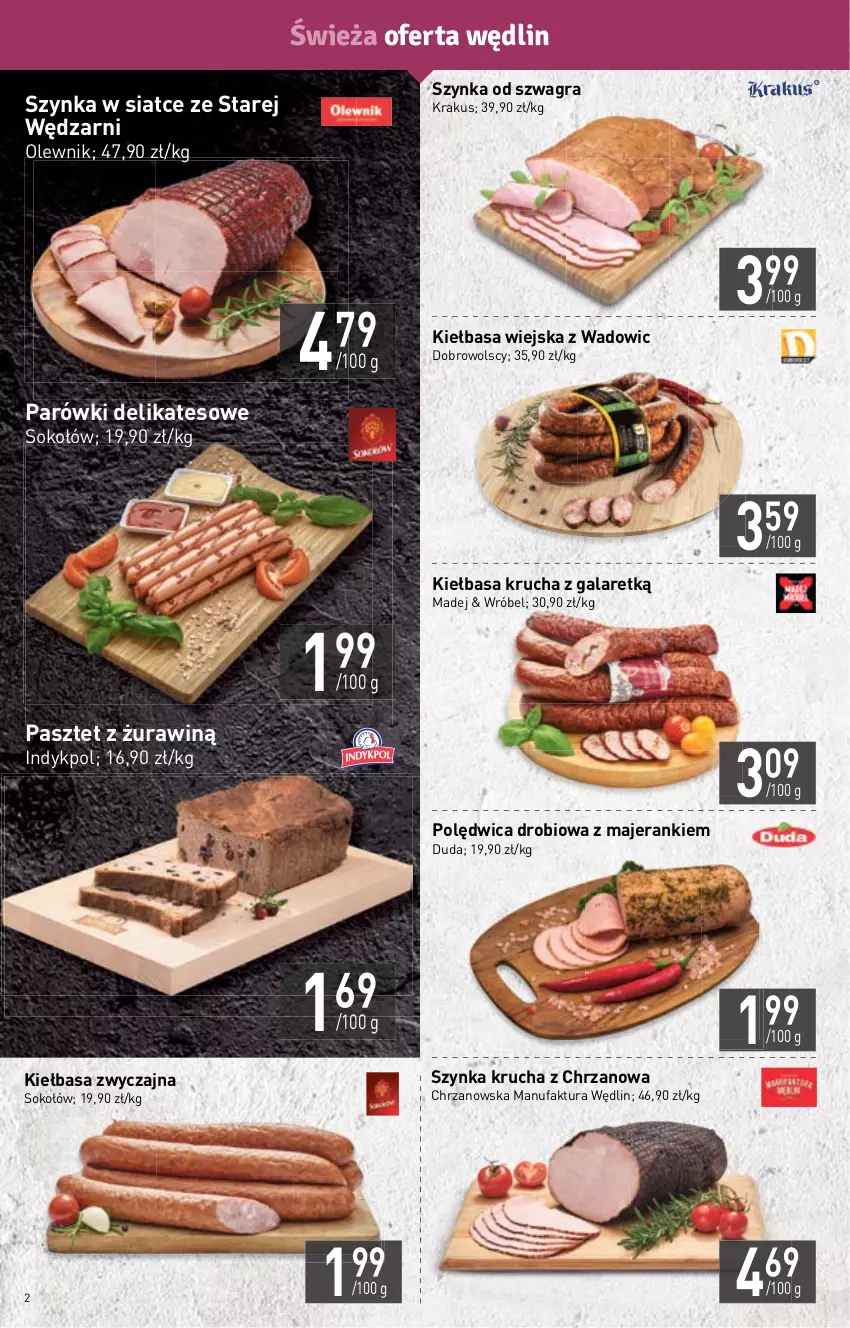 Gazetka promocyjna Stokrotka - Market - ważna 27.10 do 02.11.2022 - strona 2 - produkty: Chrzan, Duda, Fa, Gala, Gra, Kiełbasa, Kiełbasa krucha, Kiełbasa wiejska, Krakus, Olewnik, Parówki, Pasztet, Polędwica, Sok, Sokołów, Szynka