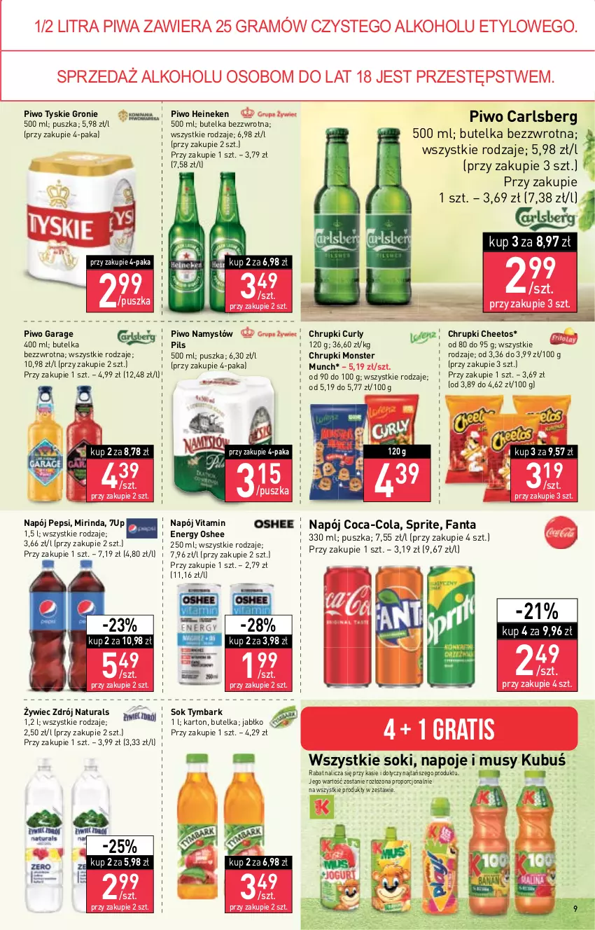 Gazetka promocyjna Stokrotka - Market - ważna 27.10 do 02.11.2022 - strona 9 - produkty: 7up, Carlsberg, Cheetos, Chrupki, Coca-Cola, Fa, Fanta, Gra, Heineken, Kubuś, Mirinda, Monster Munch, Mus, Namysłów, Napój, Napoje, Oshee, Pepsi, Piwa, Piwo, Por, Sok, Sprite, Tymbark, Tyskie