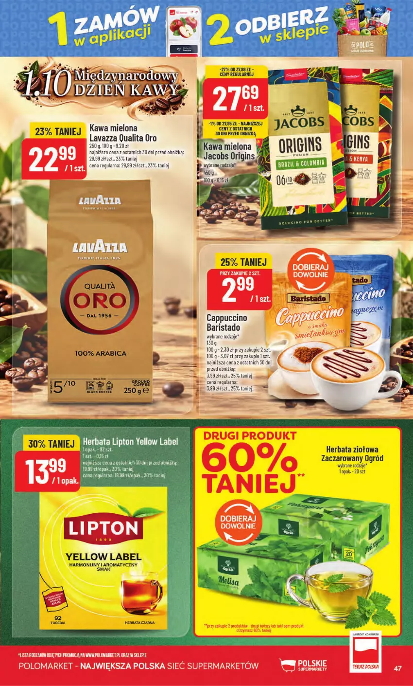 Gazetka promocyjna PoloMarket - Gazetka od 30.09 - ważna 30.09 do 06.10.2026 - strona 47 - produkty: Cappuccino, Gin, Herbata, Jacobs, Kawa, Kawa mielona, Lavazza, Lipton, Ogród