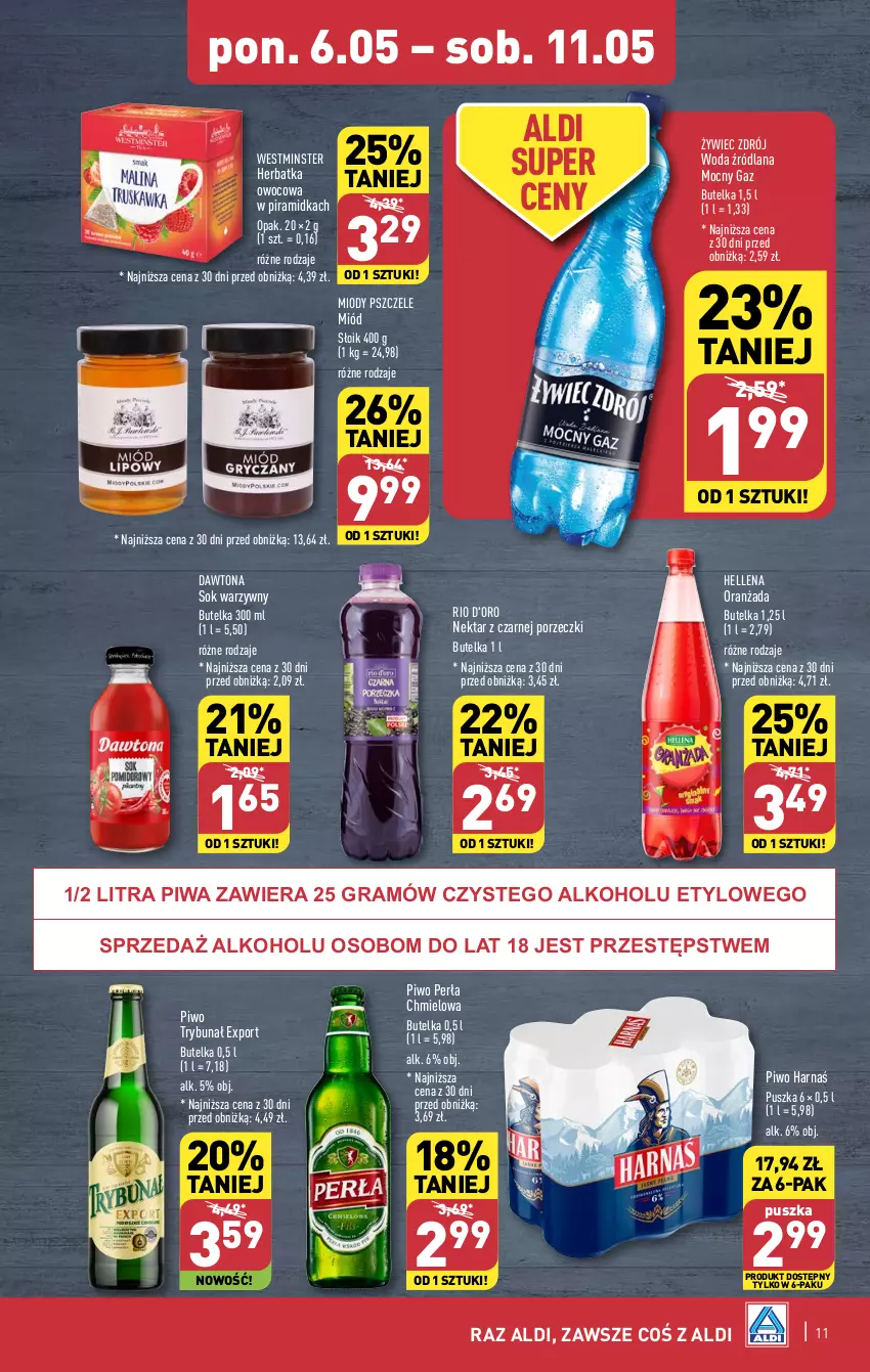 Gazetka promocyjna Aldi - Pełna oferta - ważna 06.05 do 11.05.2024 - strona 11 - produkty: Dawtona, Gra, Harnaś, Hellena, LANA, Miód, Nektar, Oranżada, Perła, Piwa, Piwo, Por, Sok, Woda