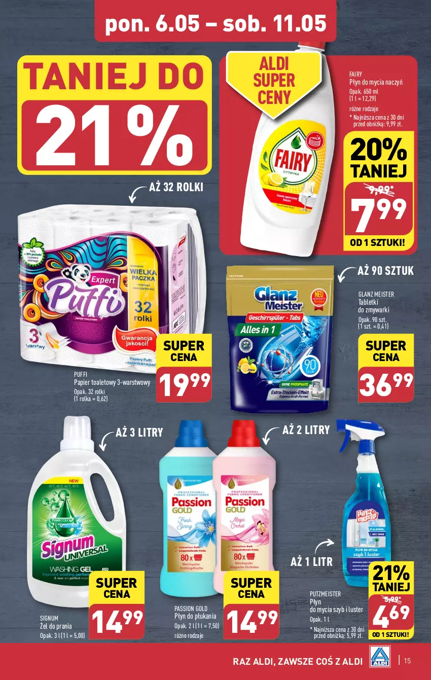 Gazetka promocyjna Aldi - Pełna oferta - ważna 06.05 do 11.05.2024 - strona 15 - produkty: Do mycia naczyń, Fa, Fairy, Papier, Papier toaletowy, Płyn do mycia, Płyn do mycia naczyń, Płyn do płukania, Puf, Putzmeister, Rolki, Tablet, Tabletki do zmywarki, Zmywarki