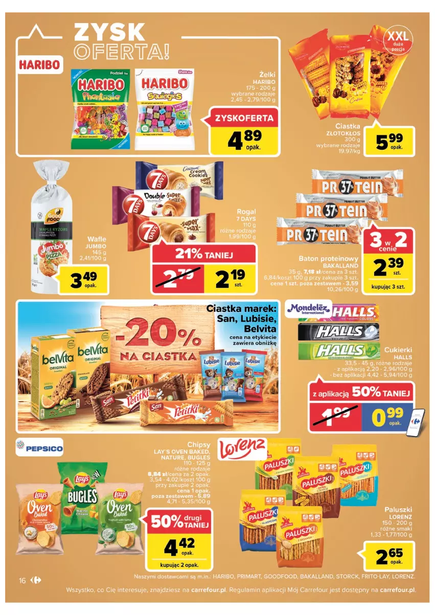 Gazetka promocyjna Carrefour - Gazetka Carrefour Zyskoteka - ważna 19.07 do 30.07.2022 - strona 16 - produkty: 7 Days, Bakalland, Baton, Chipsy, Halls, Haribo, Kosz, Lorenz, Prima, Rogal, Wafle