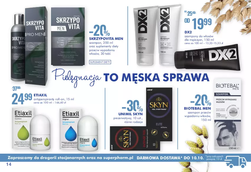 Gazetka promocyjna Super Pharm - Gazetka - ważna 16.09 do 10.10.2021 - strona 14 - produkty: Antyperspirant, BIOTEBAL, DX2, Etiaxil, Prezerwatyw, Skyn, Suplement diety, Szampon, Unimil