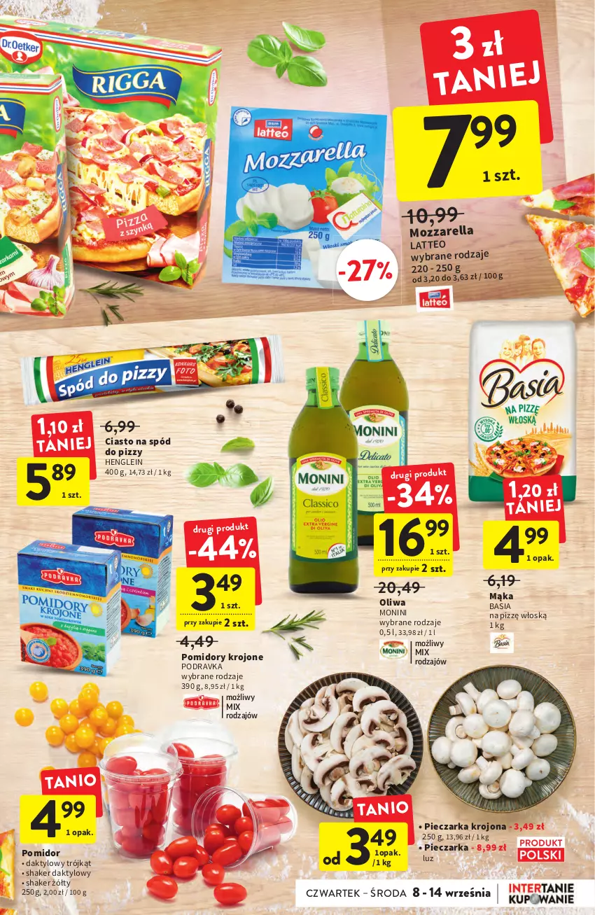 Gazetka promocyjna Intermarche - Gazetka Intermarche - ważna 08.09 do 14.09.2022 - strona 19 - produkty: Basia, Mąka, Monini, Mozzarella, Oliwa, Piec, Pieczarka, Podravka, Pomidory, Pomidory krojone, Spód do pizzy