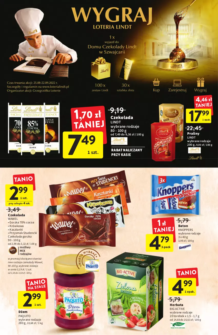 Gazetka promocyjna Intermarche - Gazetka Intermarche - ważna 08.09 do 14.09.2022 - strona 30 - produkty: Baton, Czekolada, Czekolada gorzka, Dżem, Herbata, Knoppers, Lindt, Praliny, Wawel