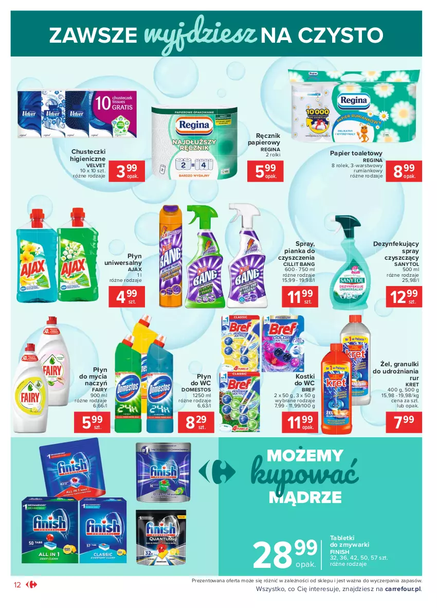 Gazetka promocyjna Carrefour - Gazetka Market - ważna 01.03 do 13.03.2021 - strona 12 - produkty: Ajax, Bref, Chusteczki, Cillit Bang, Do mycia naczyń, Domestos, Fa, Fairy, Finish, Gin, Gra, Kret, Papier, Papier toaletowy, Pianka do czyszczenia, Płyn do mycia, Płyn do mycia naczyń, Płyn do wc, Ręcznik, Rolki, Rum, Sanytol, Tablet, Tabletki do zmywarki, Velvet, Zmywarki