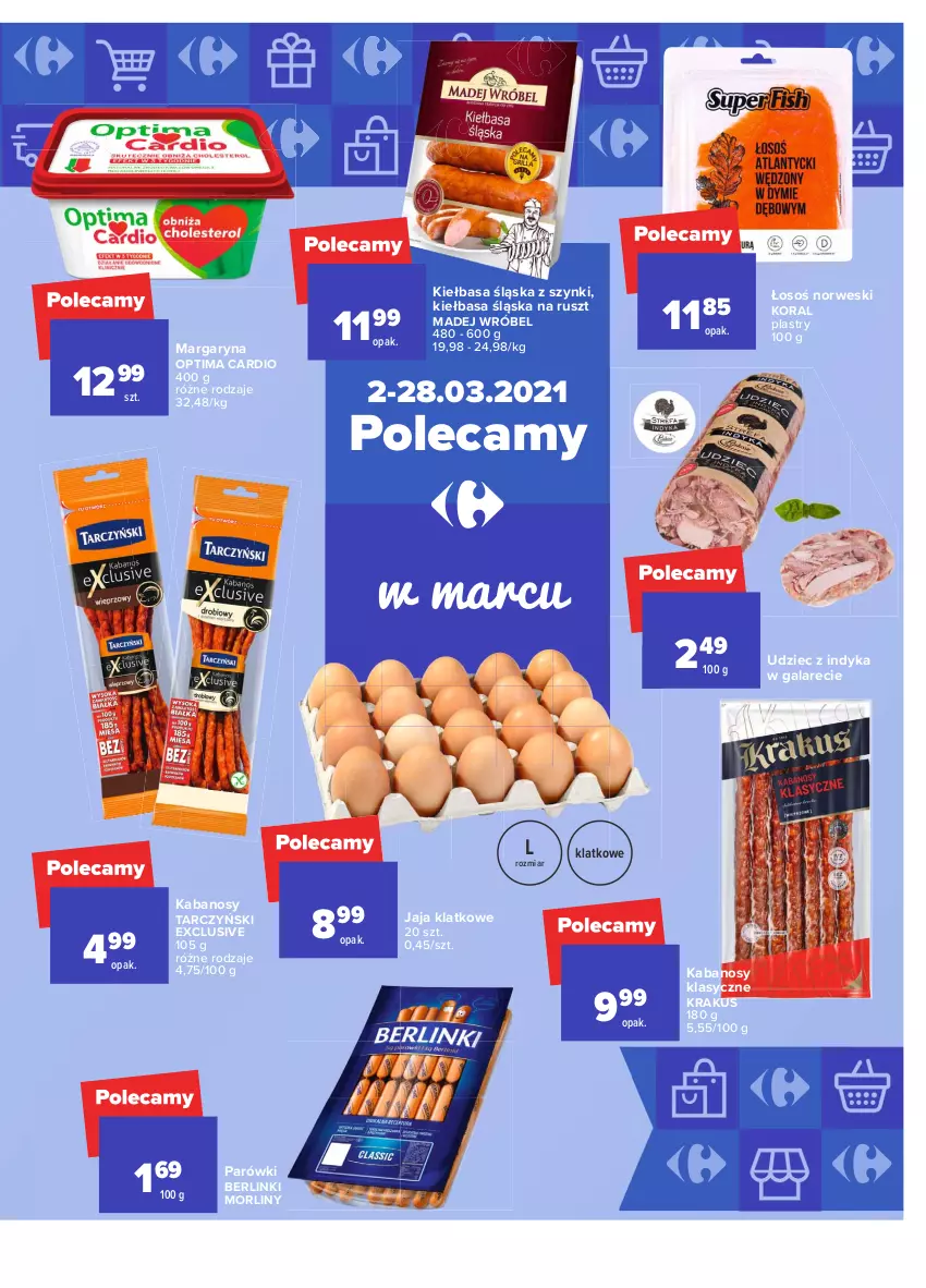 Gazetka promocyjna Carrefour - Gazetka Market - ważna 01.03 do 13.03.2021 - strona 19 - produkty: Berlinki, Gala, Jaja, Kabanos, Kiełbasa, Kiełbasa śląska, Krakus, Madej Wróbel, Margaryna, Morliny, Optima, Optima Cardio, Parówki, Tarczyński, Udziec z indyka, Udziec z indyka w galarecie