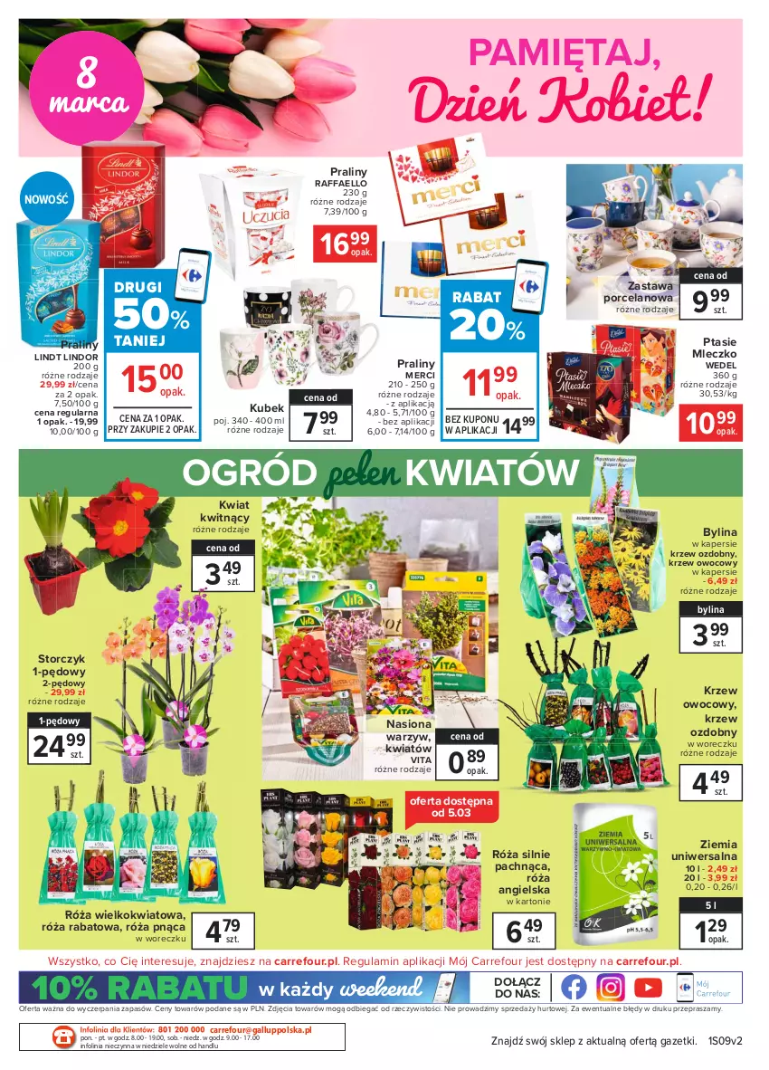 Gazetka promocyjna Carrefour - Gazetka Market - ważna 01.03 do 13.03.2021 - strona 20 - produkty: Fa, Kubek, Lindor, Lindt, Merci, Mięta, Mleczko, O nas, Ogród, Por, Praliny, Ptasie mleczko, Raffaello, Róża, Storczyk