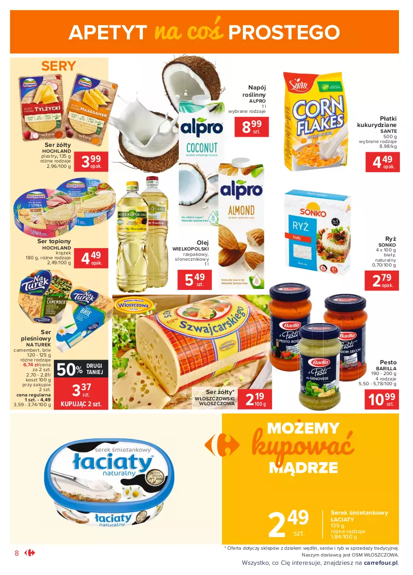 Gazetka promocyjna Carrefour - Gazetka Market - ważna 01.03 do 13.03.2021 - strona 8 - produkty: Alpro, Barilla, Brie, Camembert, Hochland, Kosz, Napój, Napój roślinny, Olej, Pesto, Ryż, Sante, Ser, Ser pleśniowy, Ser topiony, Serek, Sonko, Top, Włoszczowski