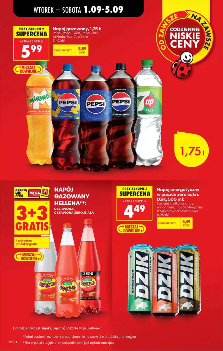 Gazetka promocyjna Biedronka - Od Wtorku - ważna 01.09 do 05.09.2026 - strona 12 - produkty: 7up, Ananas, Gra, Hellena, Mirinda, Napój, Napój energetyczny, Napój gazowany, Pepsi, Por, Wino