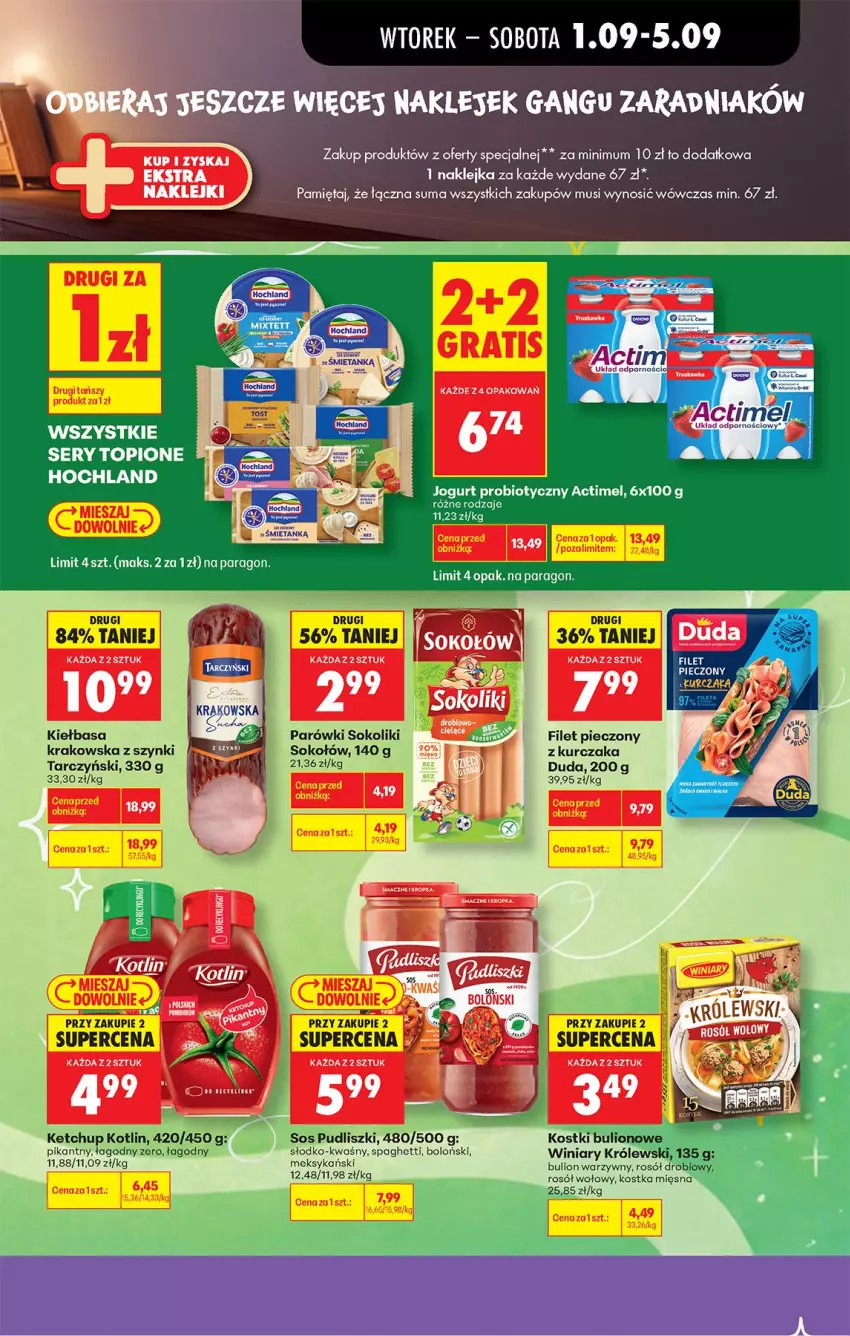 Gazetka promocyjna Biedronka - Od Wtorku - ważna 01.09 do 05.09.2026 - strona 19 - produkty: Actimel, Bulion, Duda, Ketchup, Kiełbasa, Klej, Kotlin, Królewski, Kurczak, Lion, Mięta, Mus, Parówki, Parówki sokoliki, Piec, Por, Pudliszki, Rosół, Rosół wołowy, Ser, Sok, Sokołów, Sos, Spaghetti, Tarczyński, Top
