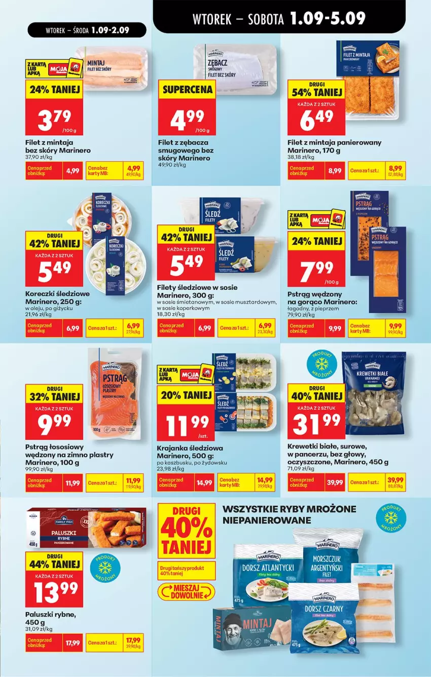 Gazetka promocyjna Biedronka - Od Wtorku - ważna 01.09 do 05.09.2026 - strona 41 - produkty: Filet z mintaja, Koreczki śledziowe, Krajanka śledziowa, Krewetki, Mintaj, Mus, Olej, Paluszki rybne, Pieprz, Pstrąg, Pstrąg łososiowy, Pstrąg wędzony, Sos, Tago