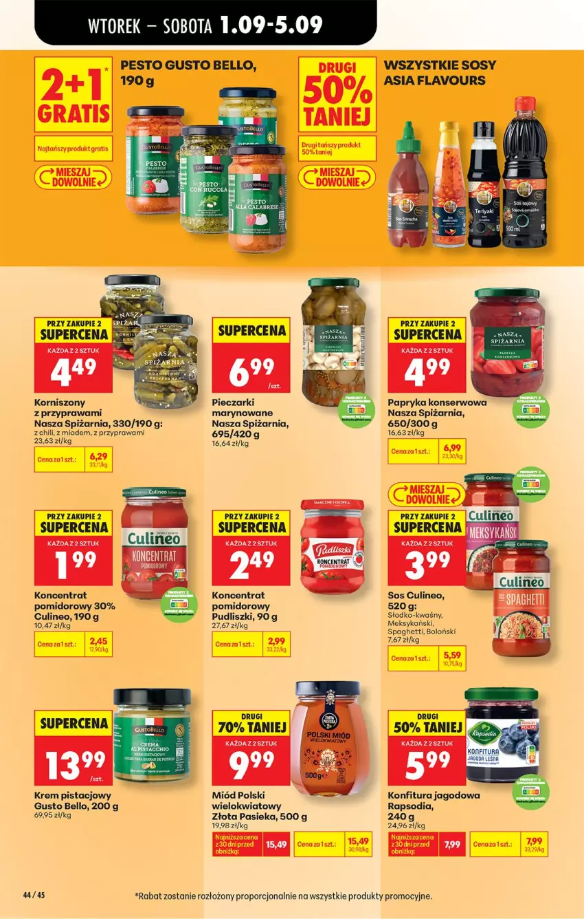 Gazetka promocyjna Biedronka - Od Wtorku - ważna 01.09 do 05.09.2026 - strona 50 - produkty: Bell, Koncentrat pomidorowy, Konfitura, Korniszony, Krem pistacjowy, Miód, Papryka, Pesto, Piec, Por, Pudliszki, Ser, Sos, Spaghetti